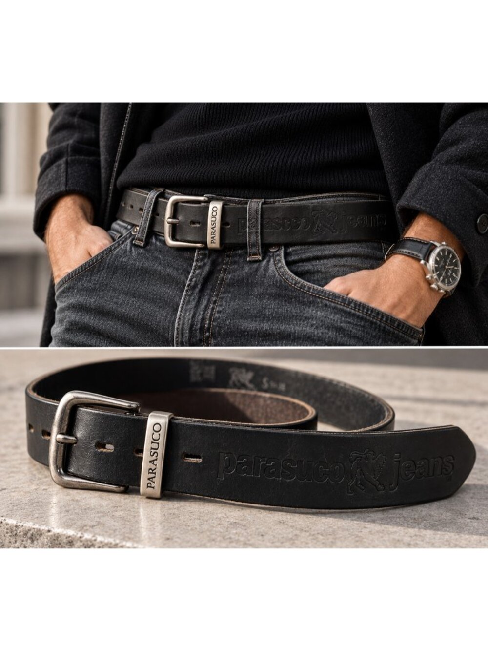 Parasuco Jeans Men's Black Leather Logo Belt Size S 28-30 Made in Canada